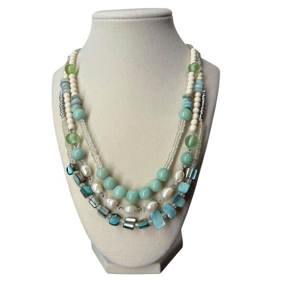 J. Jill Multi-Strand Necklace Aqua Ivory Layered Beaded Glass Pearl Ocean Sea - Picture 3 of 13